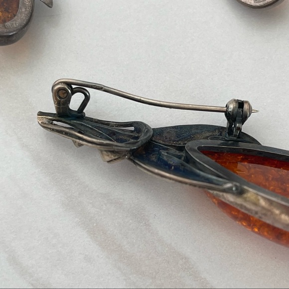 Vintage Sterling silver 925 Baltic Amber necklace pendant pin earrings brooch - Picture 6 of 16